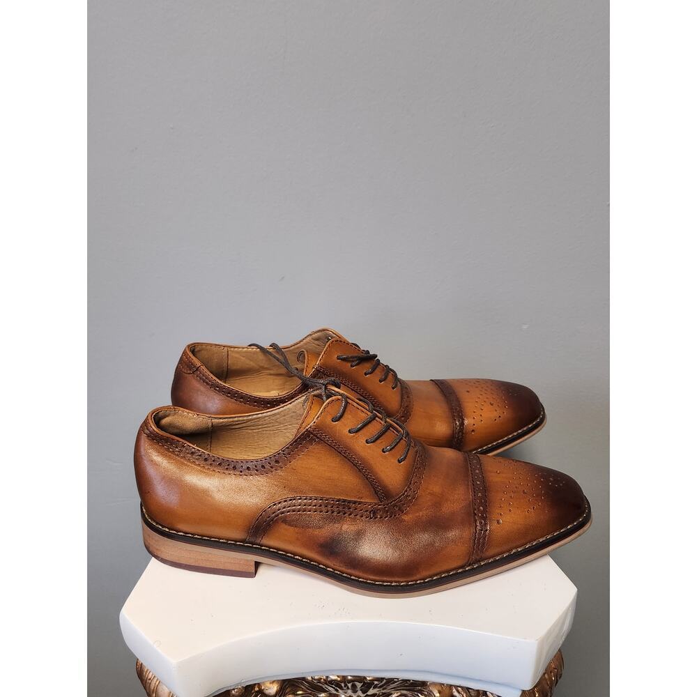 Men's 11.5 La Milano Lorenzo Tan Leather Cap-Toe Oxford Dress Shoes Brogue Brown - Picture 3 of 6